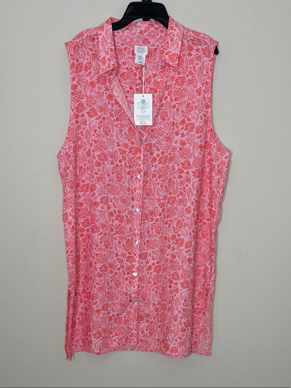 Sigrid Olsen linen Coral Pink Floral Sleeveless Button Tunic
